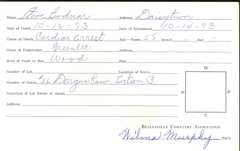 Steve Bodnar burial card